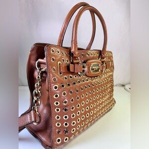 Michael Kors Hamilton Cognac Leather Grommet Tote Satchel Handbag Shoulder Bag